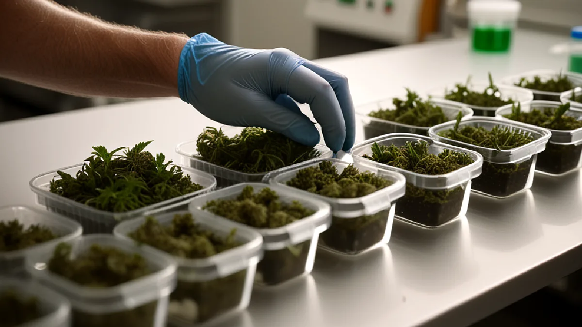 Gloved technicians handle cannabis samples in an Oklahoma testing lab amid concerns over changing compliance rules.