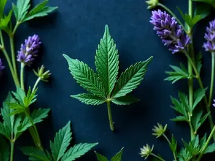 Cannabis flower rests beside lavender and coriander, introducing the floral botanical source of linalool.