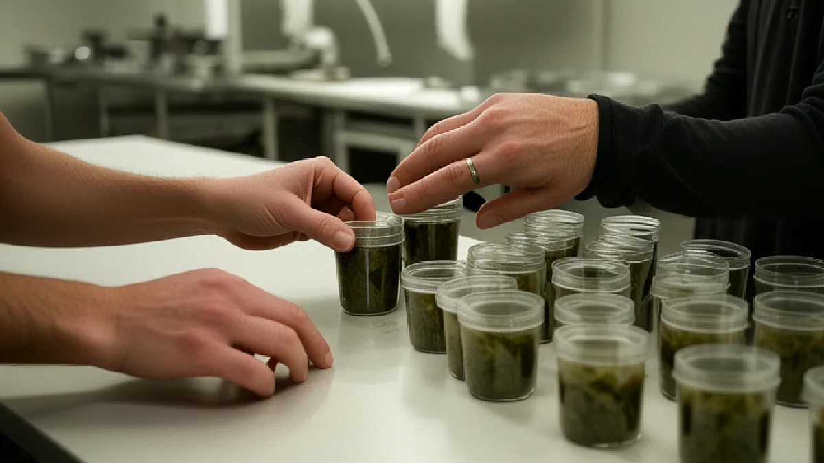 Gloved staff inspect unmarked cannabis orders in a Maryland fulfillment room during integration planning.