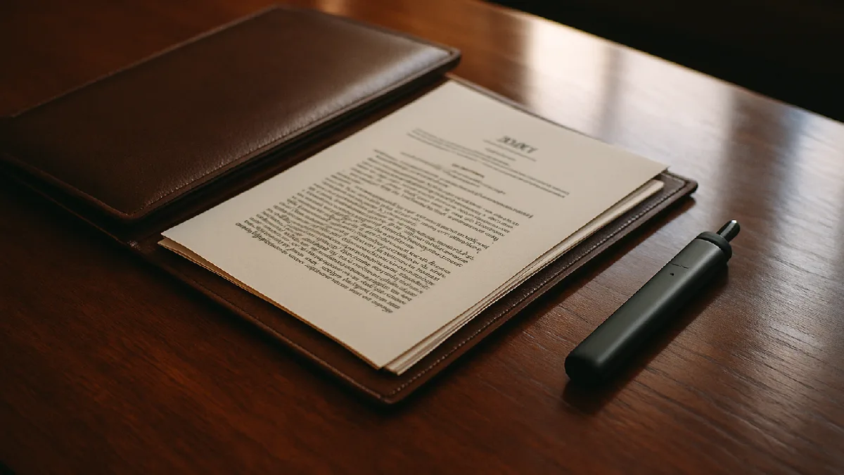 Legal document folders and a modern vape pen on a wooden desk, symbolizing the statutory changes enacted under Act 305.