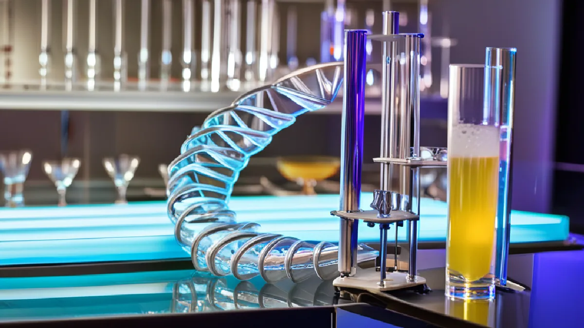 A glowing molecular model sits on a dark glass lab table, illustrating chemical receptors for an analysis of THC and psilocybin in the brain.
