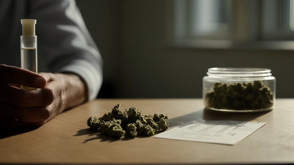 viales de muestra transparentes en una mesa de laboratorio limpia, sin etiquetas ni pantallas en Nebraska, ilustrando si la marihuana es legal en Nebraska bajo la ley estatal actual