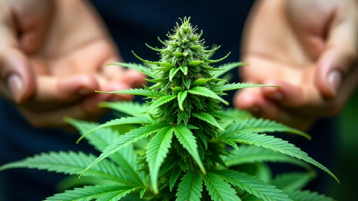 Backlit coworkers collaborate near a medical cannabis plant, visualizing the article’s cautious productivity association.