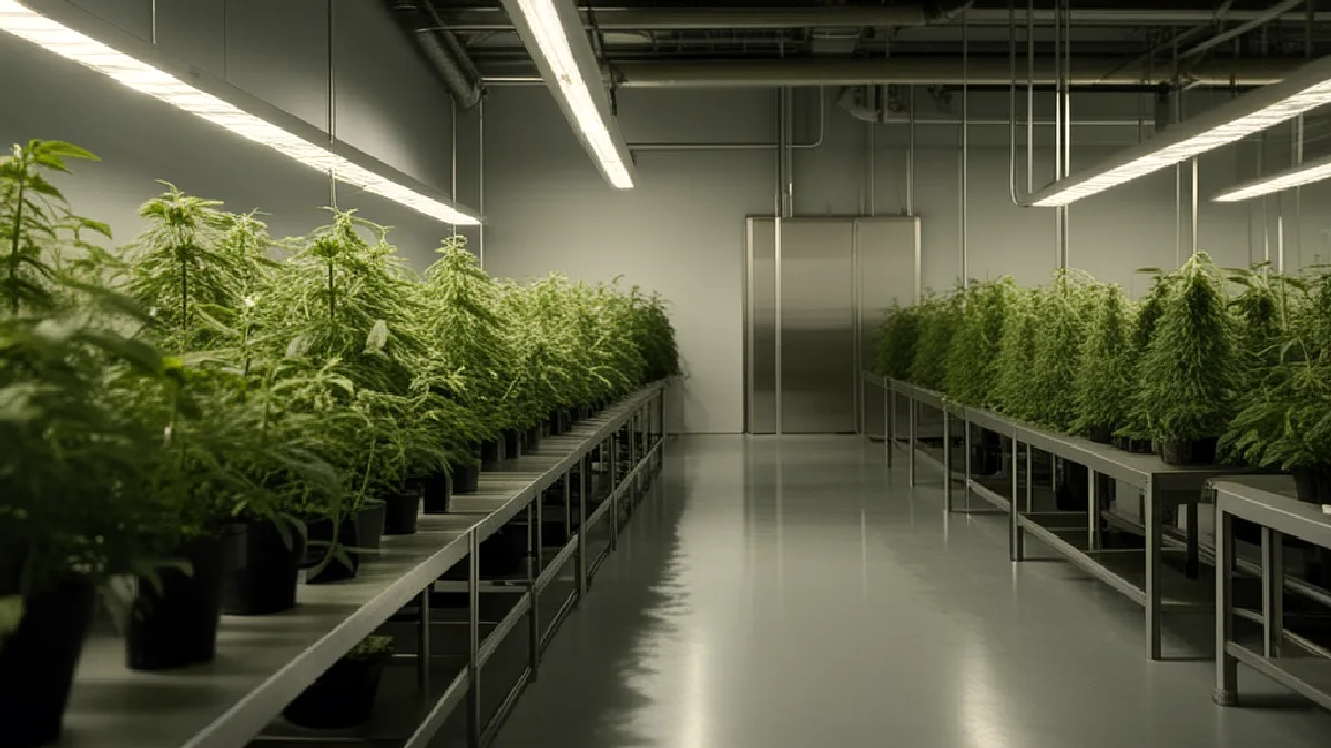 A worker inspects flowering cannabis plants, representing regional markets and patient access continuing independently.