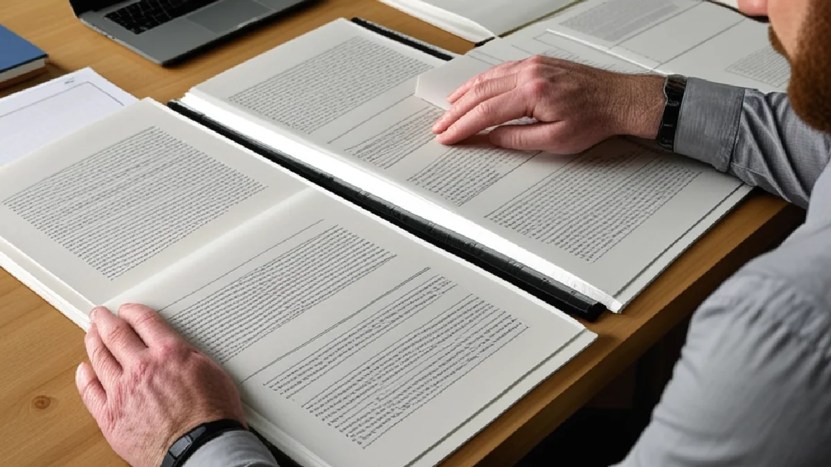 Hands compare marked hearing pages while reviewing disputed corrections for accuracy