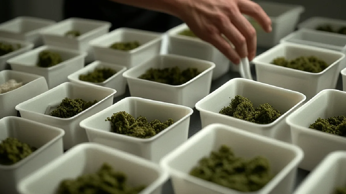Unas manos con guantes inspeccionan los envases sellados de cannabis en una sala de preparación de pedidos controlada, lo que pone de relieve la disciplina y la regulación de las operaciones de entrega.