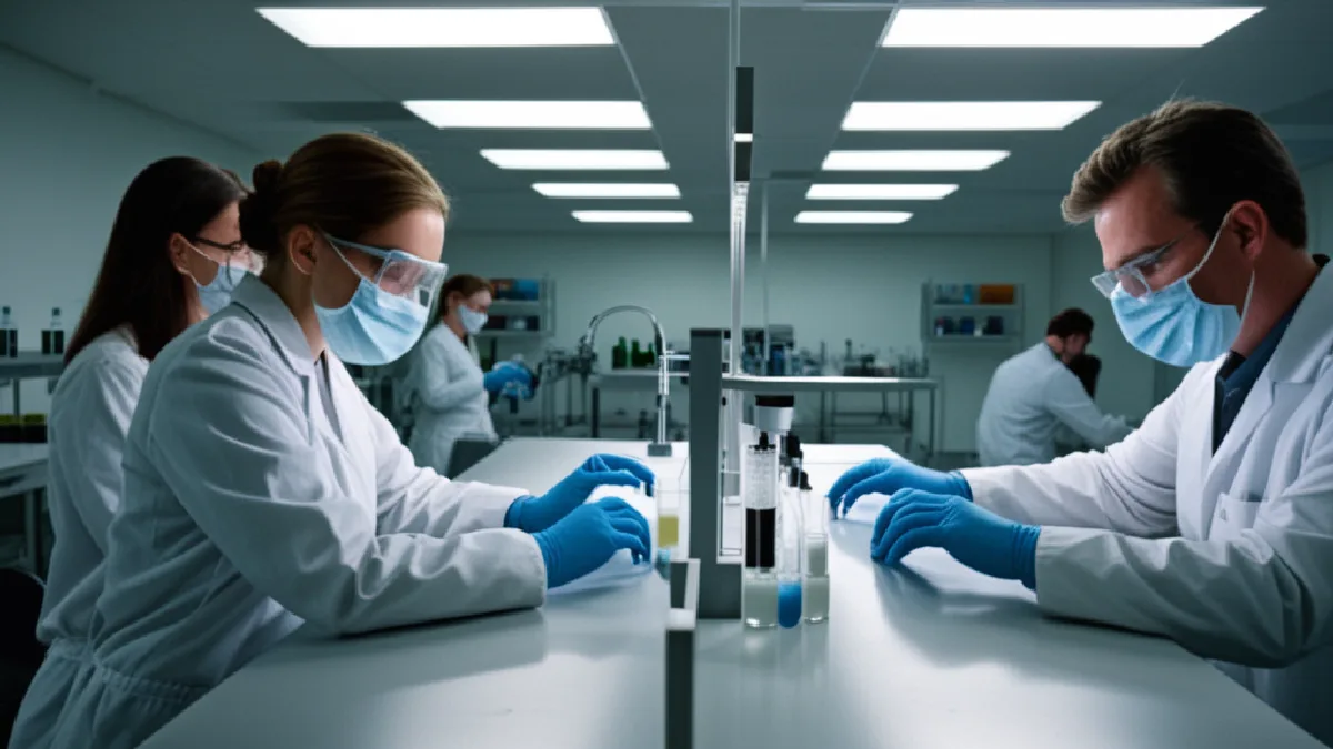 Technicians work with cannabis samples and instruments, illustrating varied testing systems and shared quality standards.