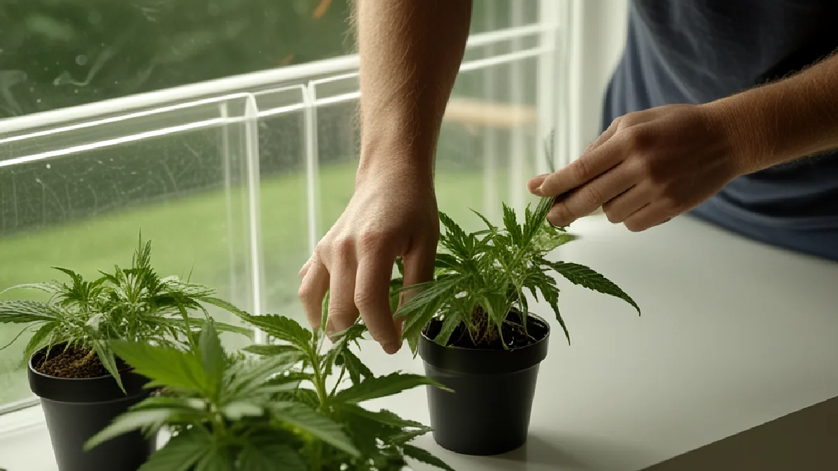 Hands inspect distinct unmarked cannabis plants in a greenhouse, evoking trademark and hemp-category complications.
