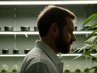 A worker inspects cannabis flower in a curing room, emphasizing quality factors beyond a single potency number.