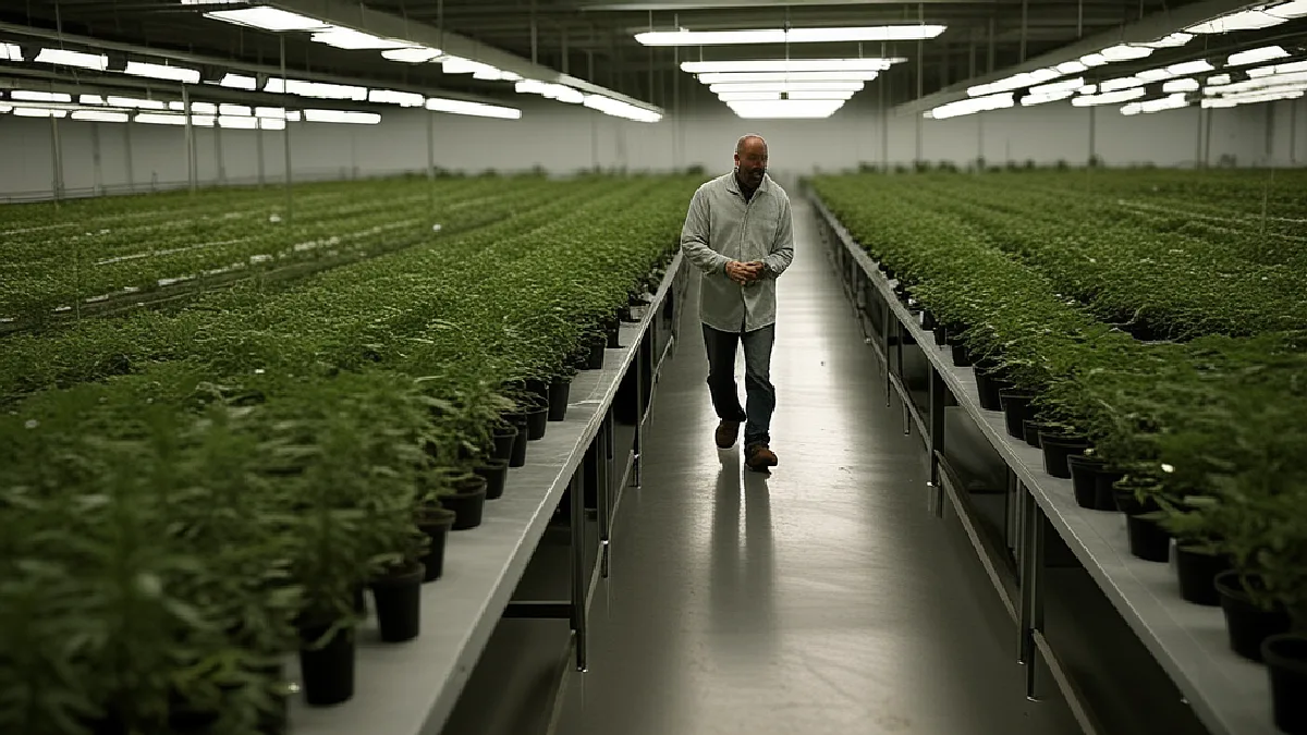 A technician moves through a large regulated grow room, illustrating how cannabis markets normalize after scarcity and policy shifts.