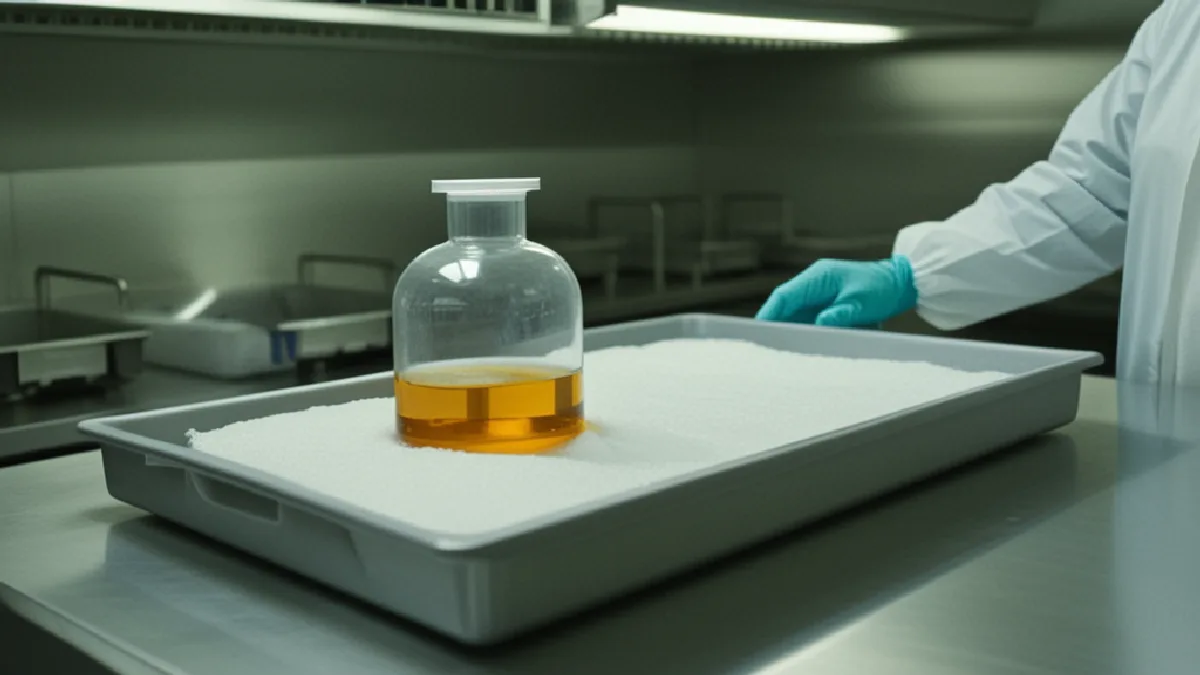 An unmarked vial and protective equipment symbolize caution around uncertain psychedelic safety evidence.