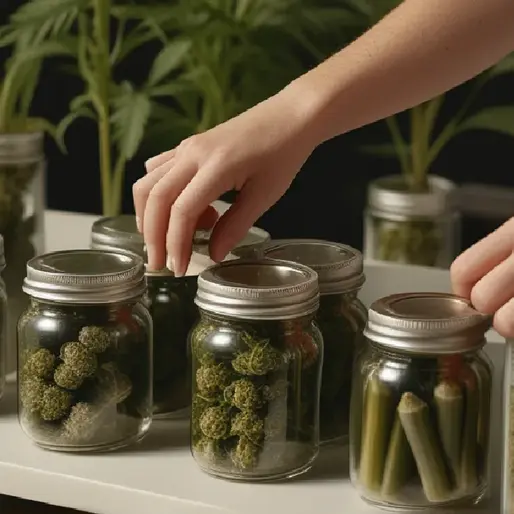 Hands arrange unlabeled flower and vaporizer products in a polished retail display, evoking familiar names guiding shopper choices.