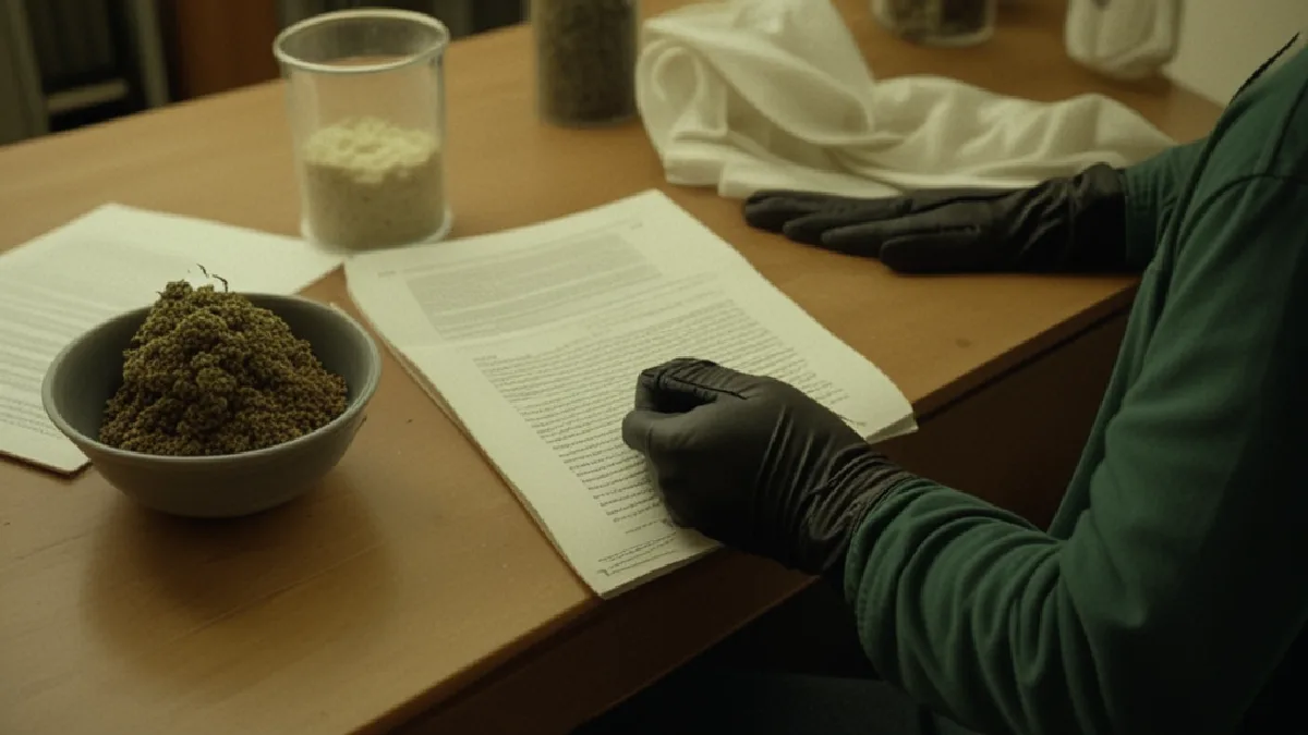 Gloved hands inspect a healthy cannabis plant in a clean indoor garden, reflecting care and harm-reduction principles.