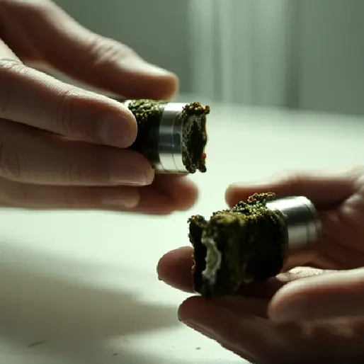 Gloved hands holding a glass vape cartridge filled with amber oil inside a bright cleanroom environment.