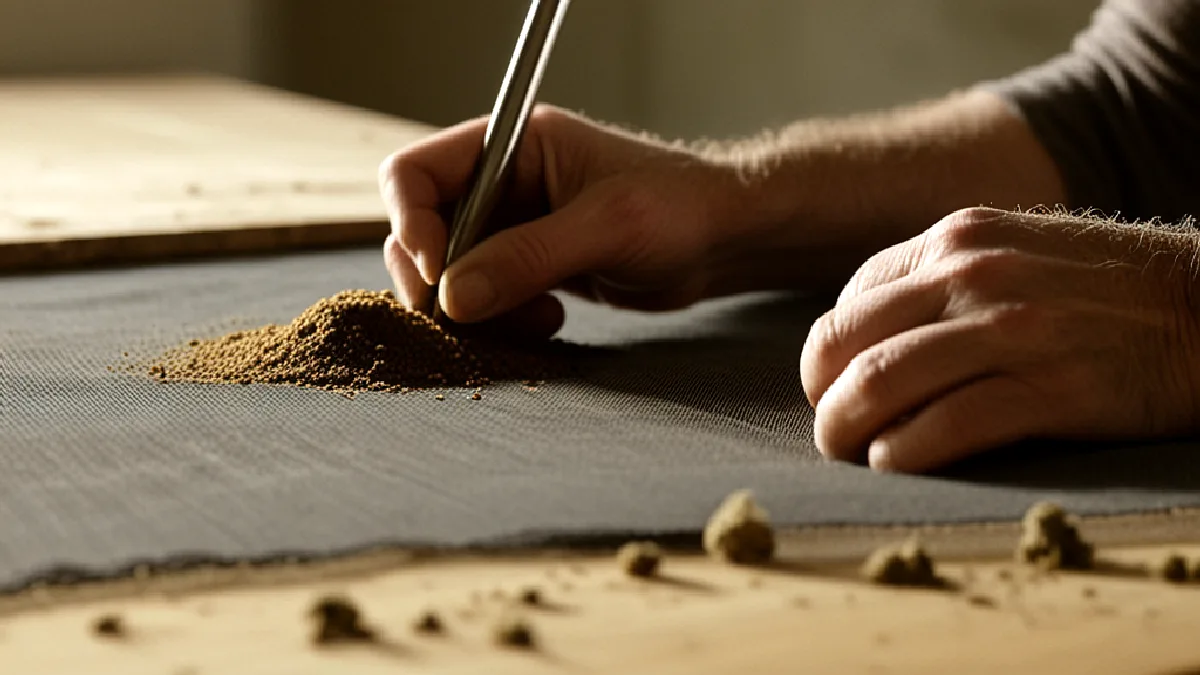 Manos enguantadas prensan dry sift junto a tamices finos, ilustrando la labor artesanal detrás del resurgimiento del hachís tradicional en California.