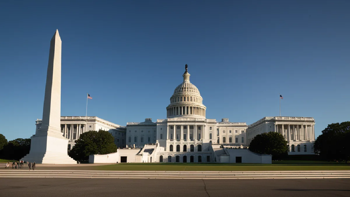 A federal government facade on Capitol Hill evokes expanded military research into psychedelic-assisted therapies.