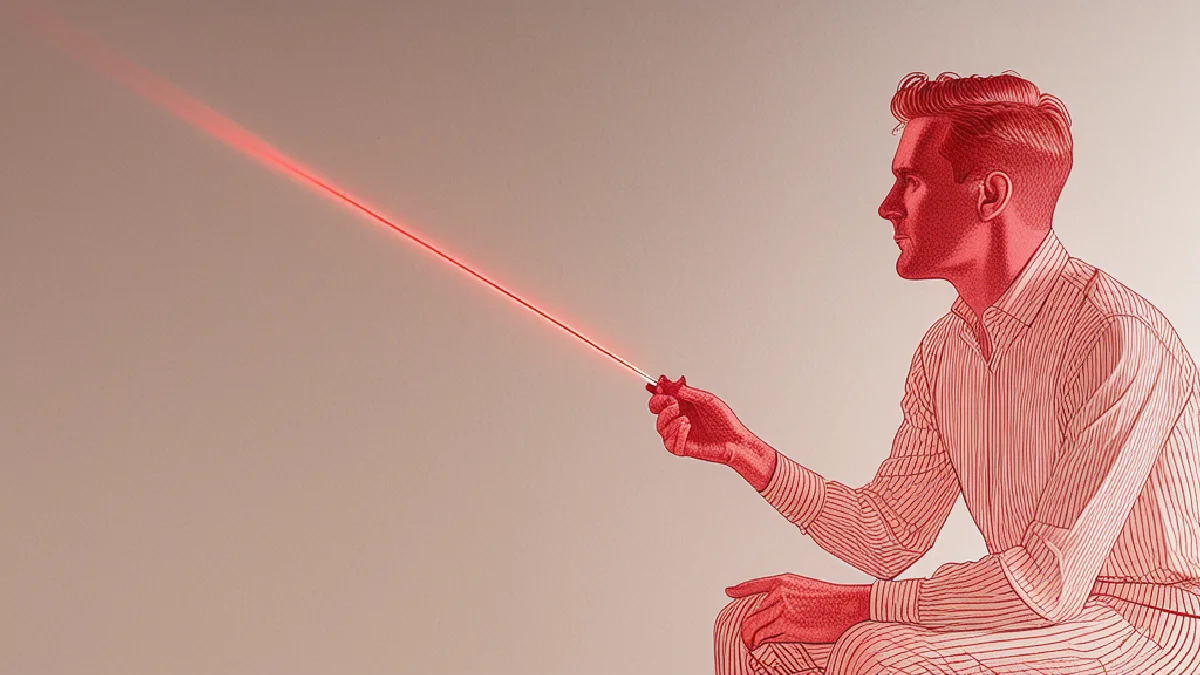 An indistinct observer faces a red laser speckle pattern on a rough wall during the reported experiment.
