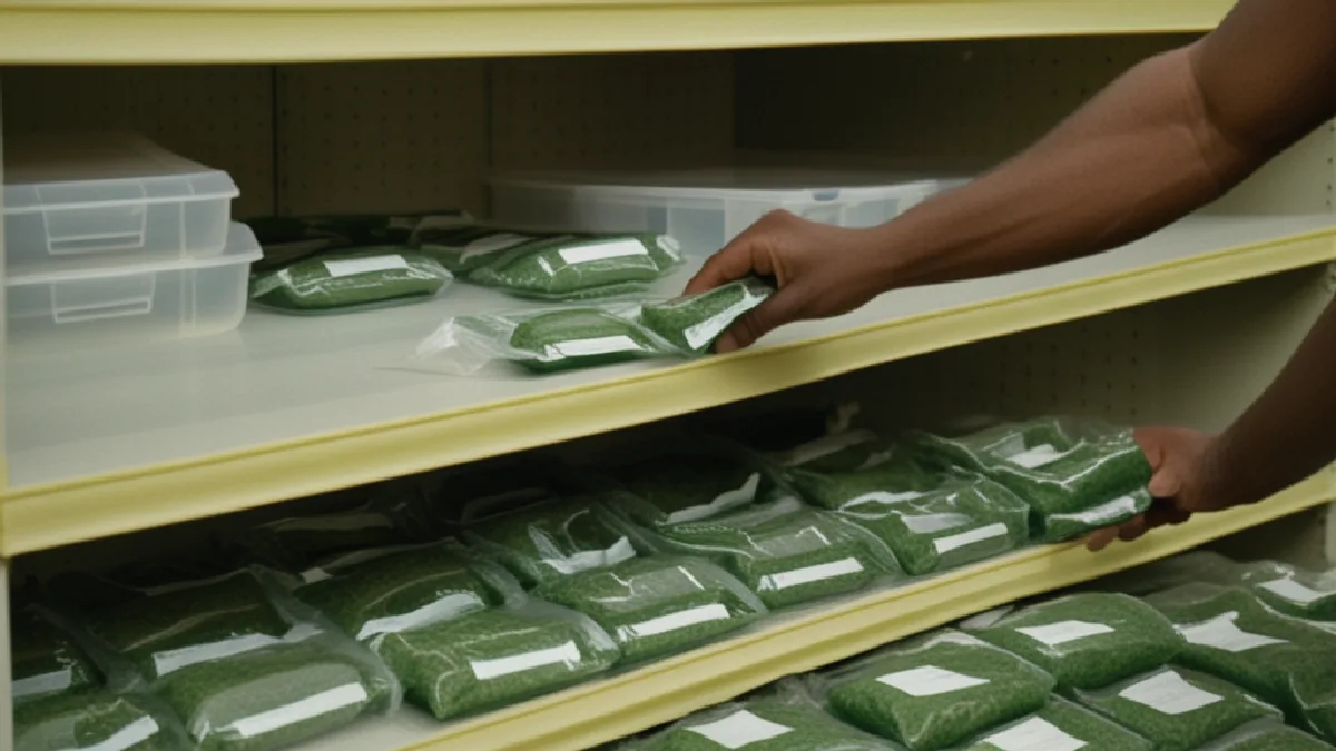 Des mains vérifient une commande de cannabis scellée dans un espace de stockage sécurisé, illustrant les contrôles de conformité applicables à la livraison.