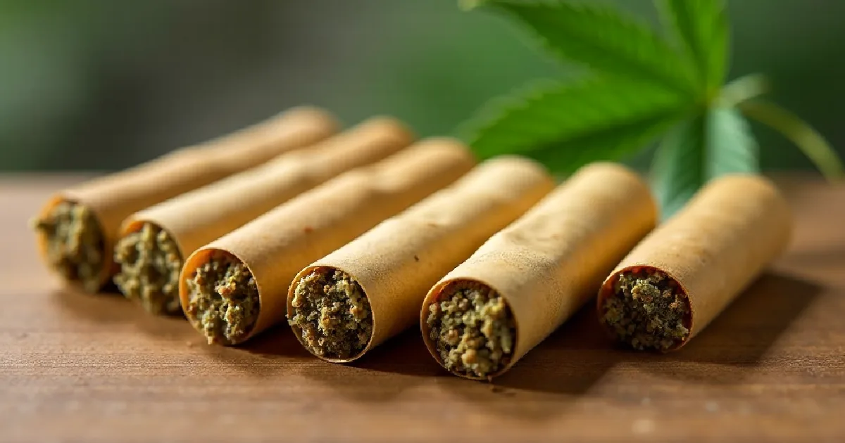A small selection of hemp-wrapped blunts occupies limited space beside standard pre-rolls in a licensed retail interior.