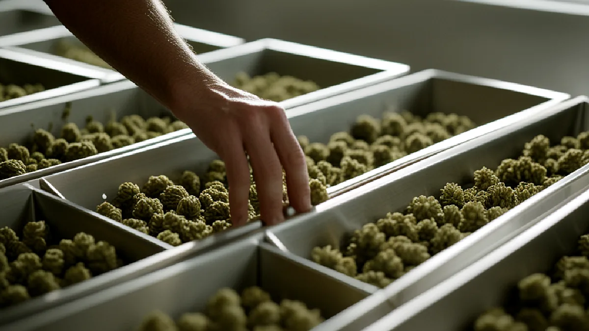 Un trabajador inspecciona flores de cáñamo junto a equipos de procesamiento en Oregón, mientras minoristas y proveedores enfrentan una contracción.
