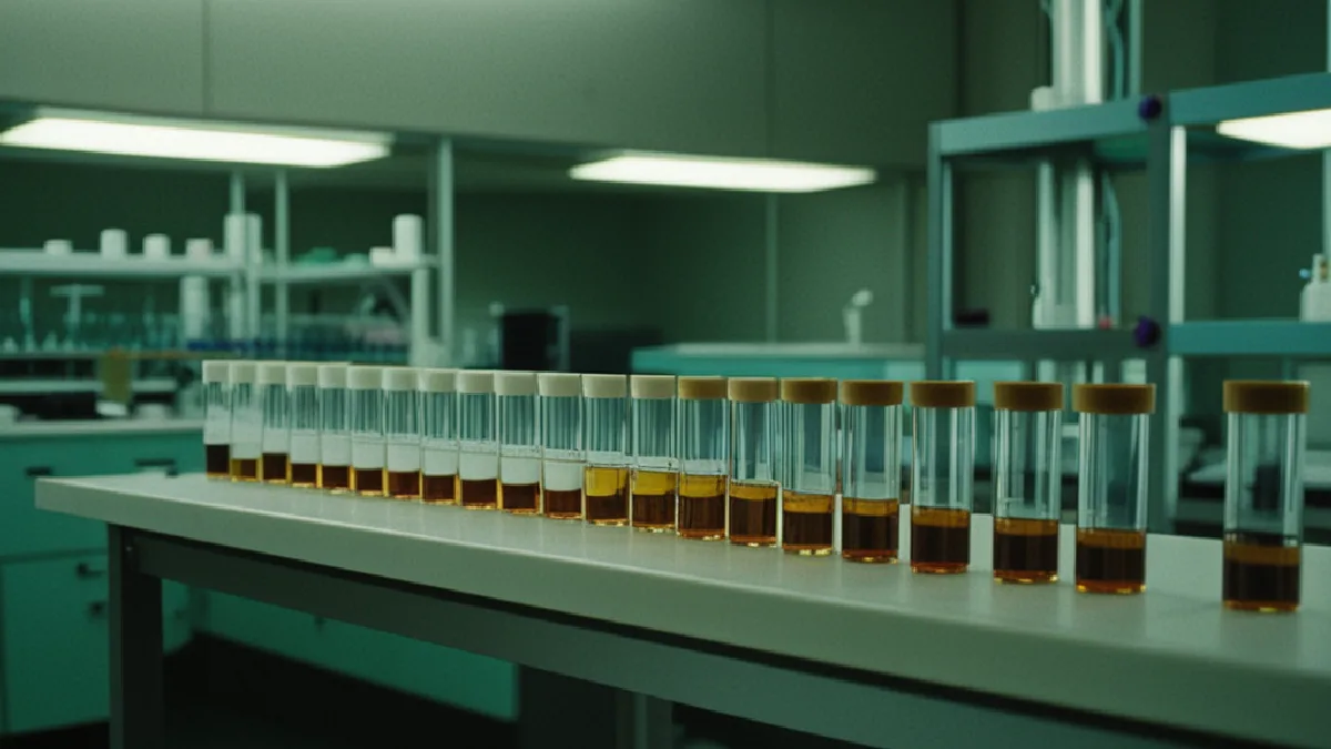 Gloved researchers handle unlabeled samples and laboratory equipment used to study psychedelic compounds.