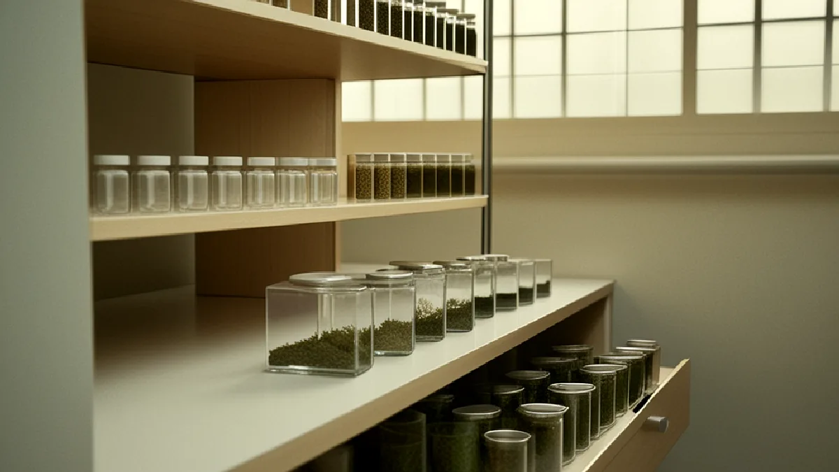 A regulated pharmacy interior represents the controlled access model used in Basel’s cannabis pilot.