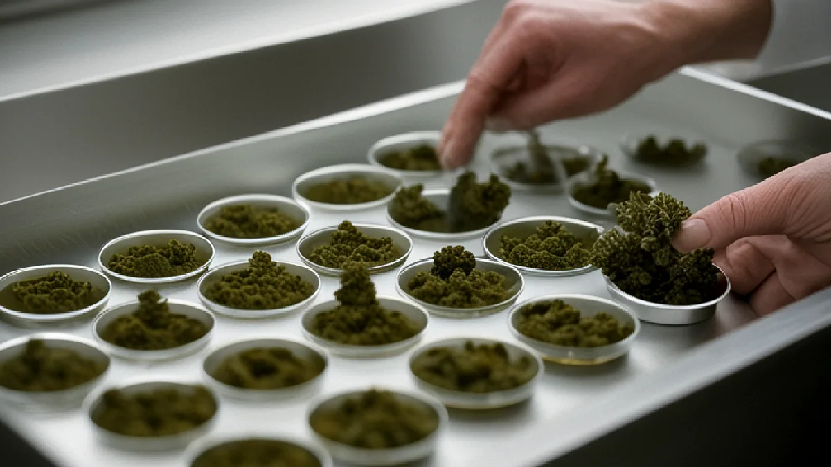 Gloved hands collect cannabis flower samples during a Maine regulatory contamination inspection.