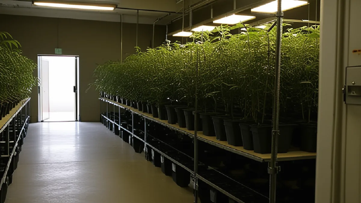 Mature cannabis plants sit behind layered security, illustrating that rescheduling would not equal full federal legalization.