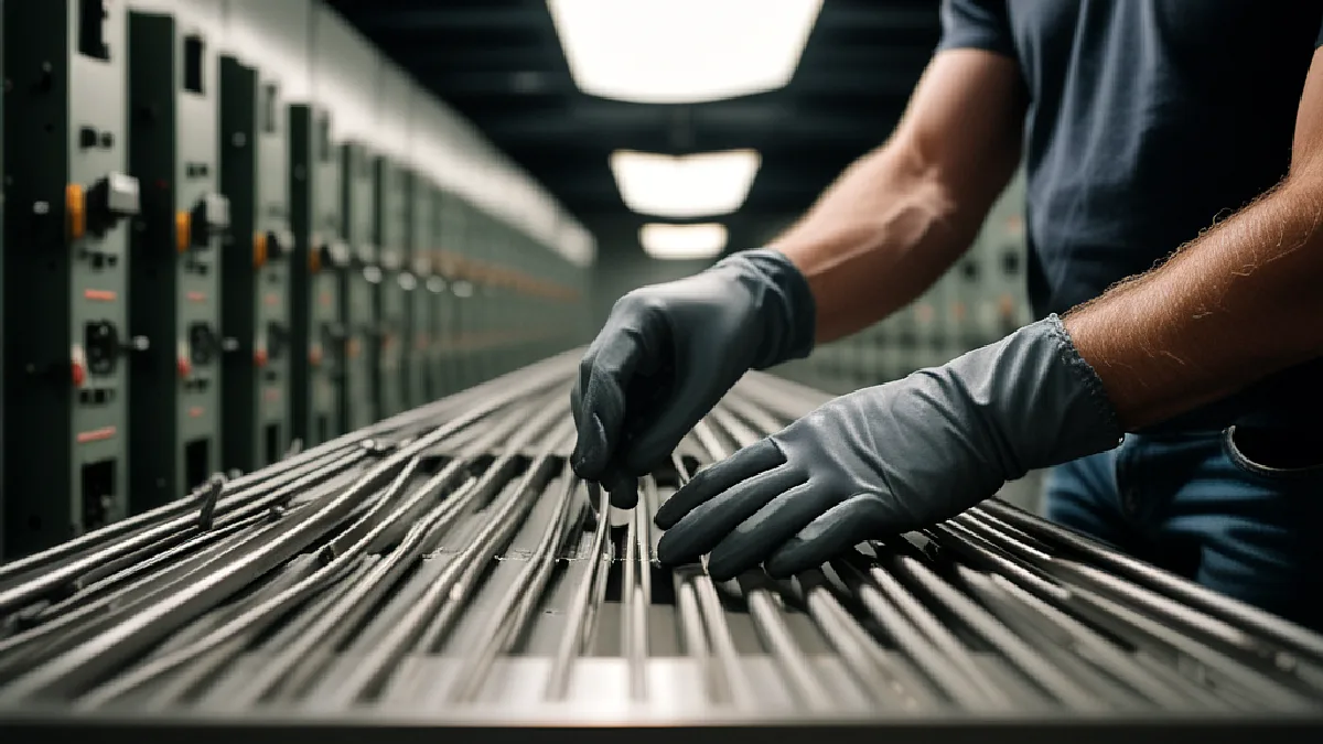 A technician inspects electrical and cooling systems as an industrial grow site is prepared for possible conversion.
