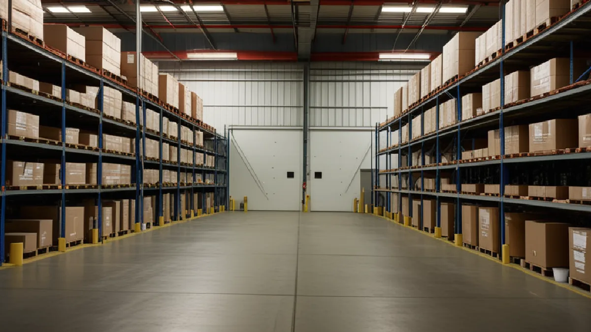 A dim distribution warehouse with stored cannabis inventory and idle equipment evokes slower cash flow and elevated business risk.