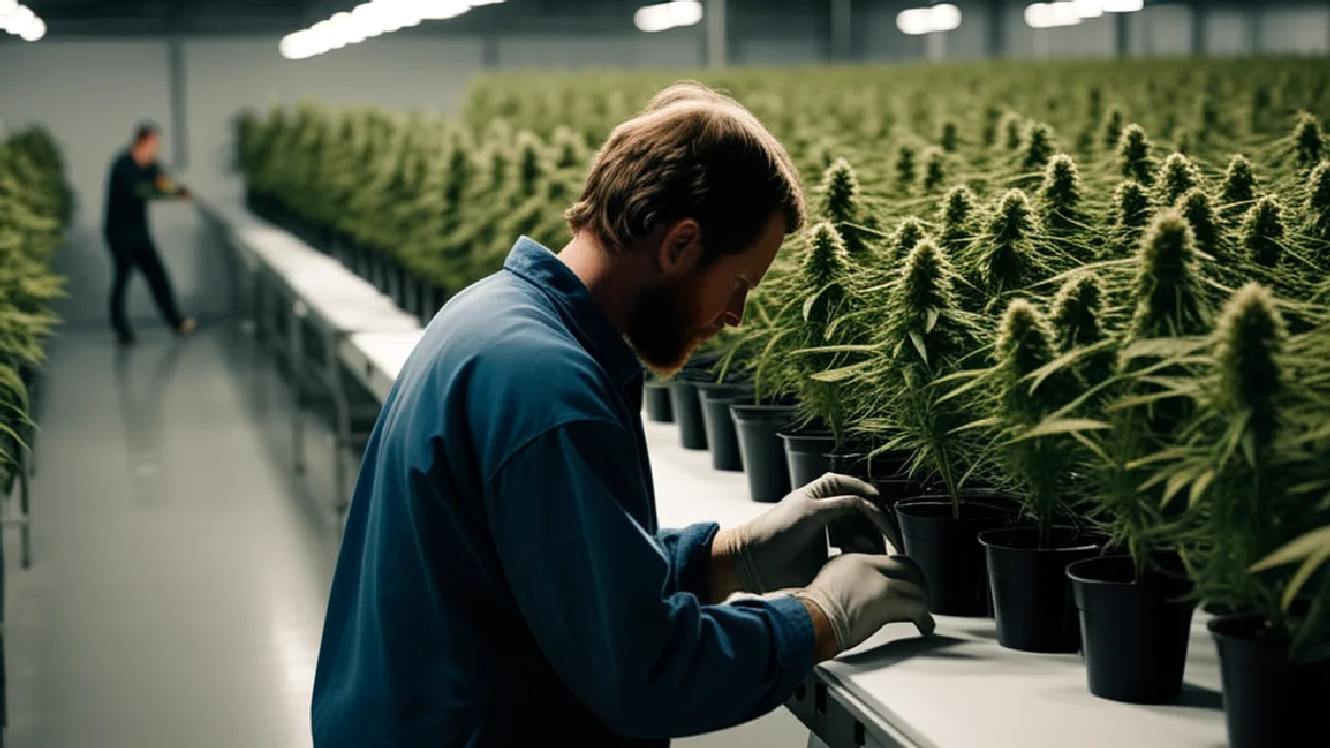 Workers inspect flowering cannabis beside harvest equipment, illustrating the commercial stakes of a disputed supply agreement.