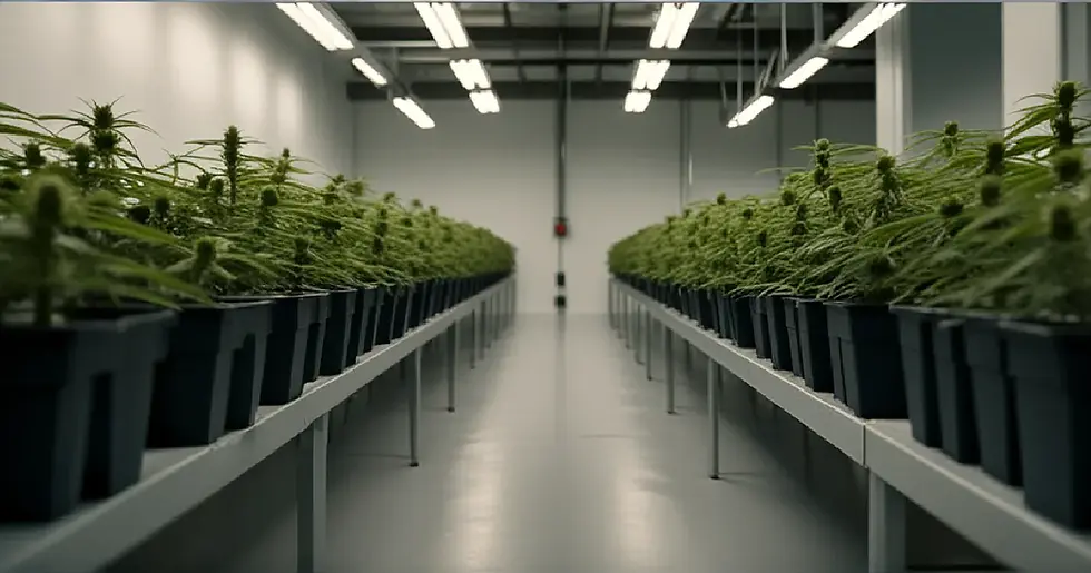 Rows of potted cannabis plants sit on long benches inside a clean indoor grow room under bright overhead lights.