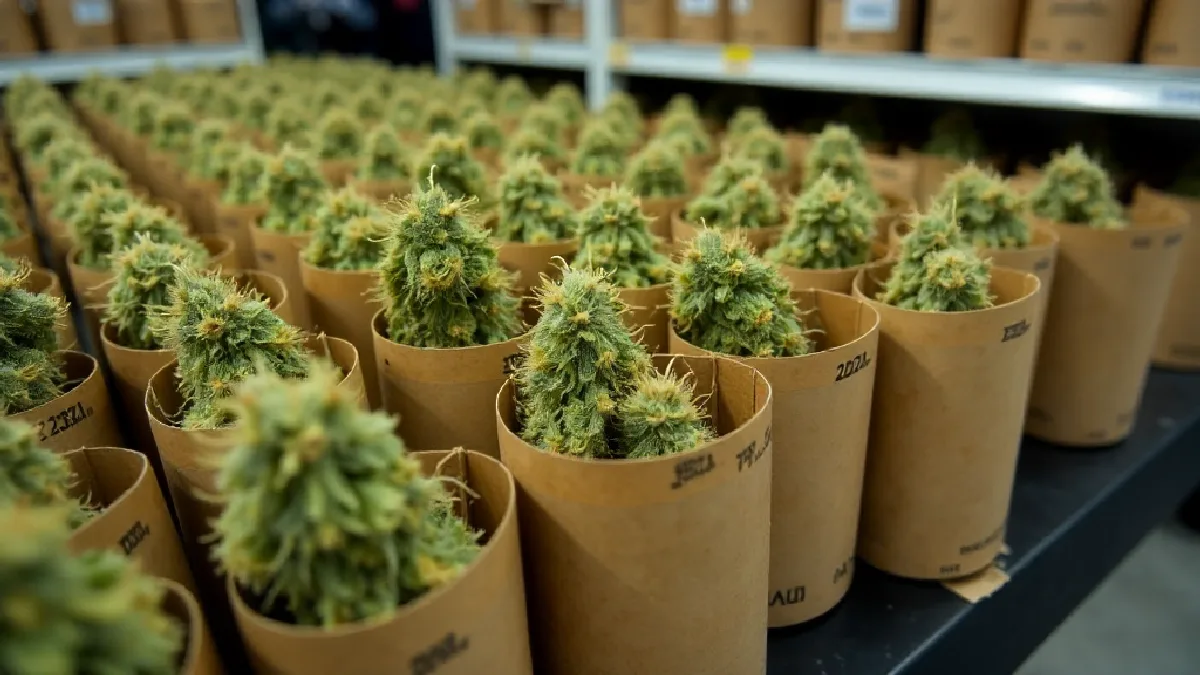 Hands secure a plain cannabis package in a lockbox during a Maryland delivery-preparation workflow.