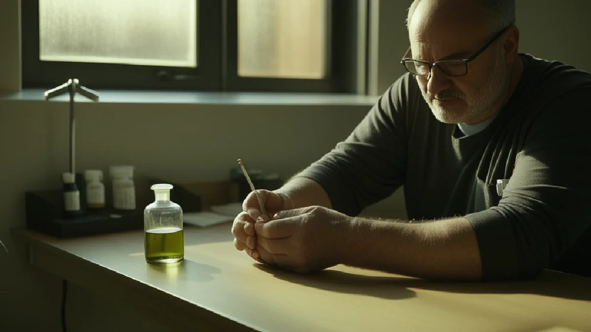 Clinician examines a cannabis plant sample in a calm consultation setting, reflecting monitored care.