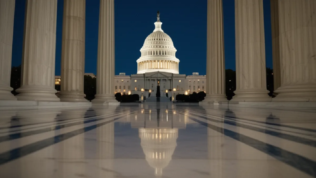 The Capitol at dusk evokes uncertain federal action on protections sought by mainstream cannabis insurers.
