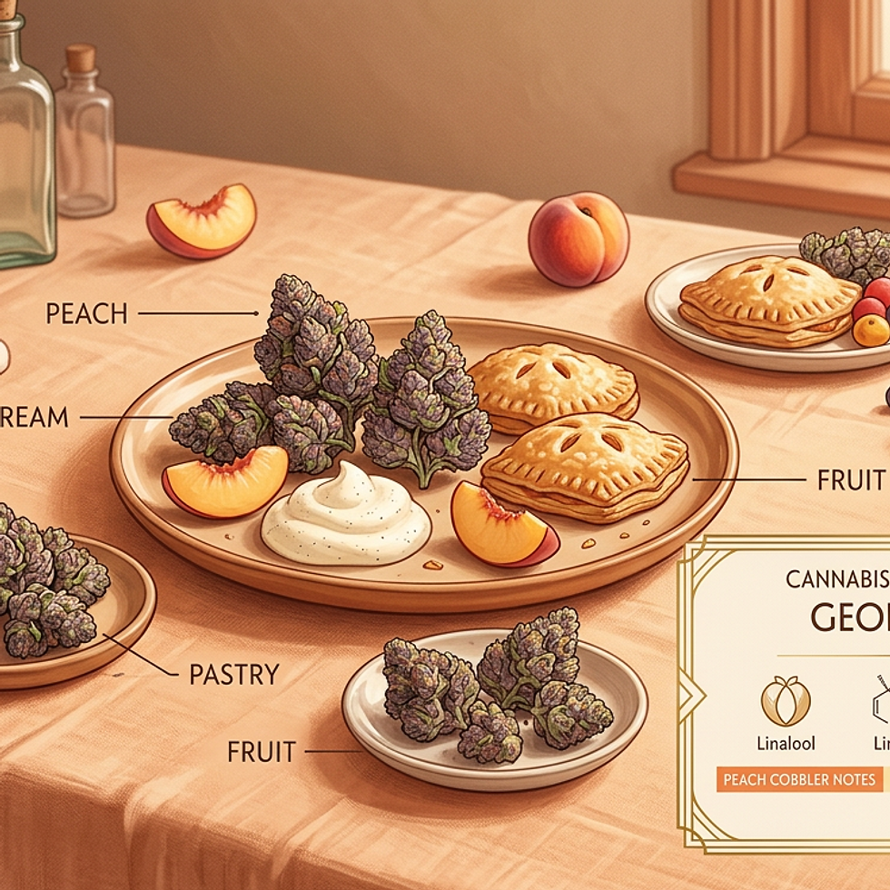 Illustration éditoriale des terpènes de la variété Georgia Pie — arômes de pêche, crème et pâtisserie représentant le profil terpénique dessert