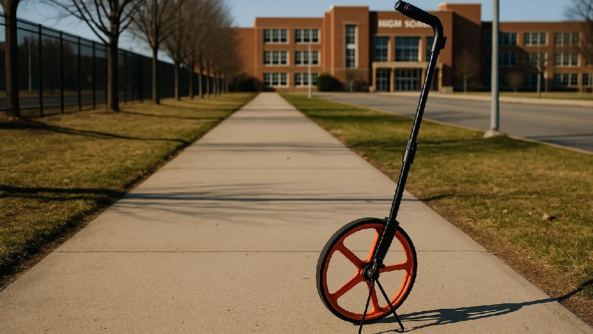 A long sidewalk leading to a distant campus, depicting the physical reach of the 2,000-foot perimeter specified in the law.