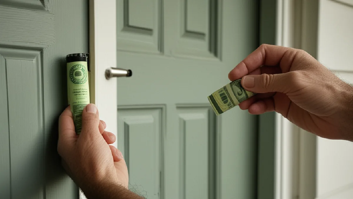 A courier hands a sealed cannabis package to a recipient at a residential doorway, highlighting delivery verification.