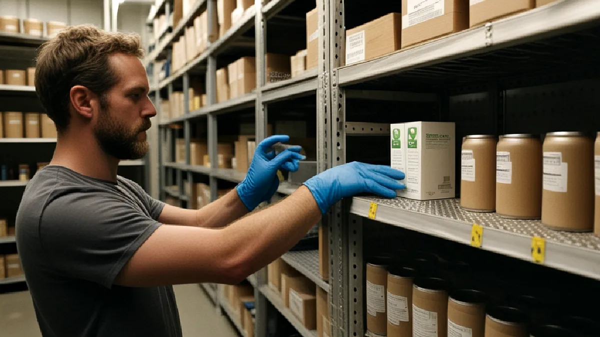 A worker reorganizes beverage inventory as California retailers prepare for future labeling compliance.