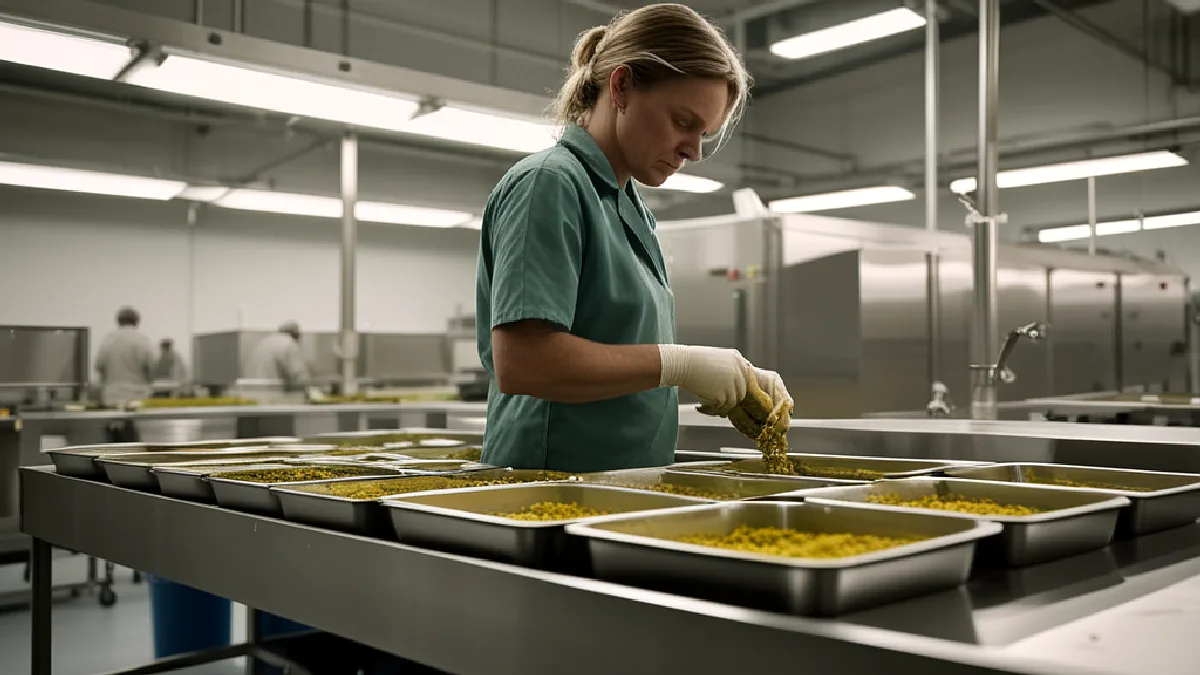 Un employé manipule des fleurs de cannabis dans une salle de traitement réglementée, illustrant les différences entre les marchés du cannabis médical.