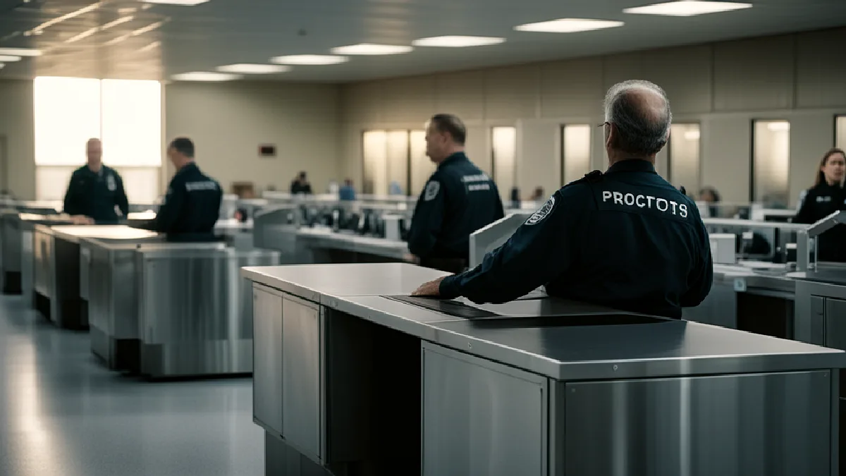 A customs inspection hall represents the stricter border rules that apply to THC products during international travel.