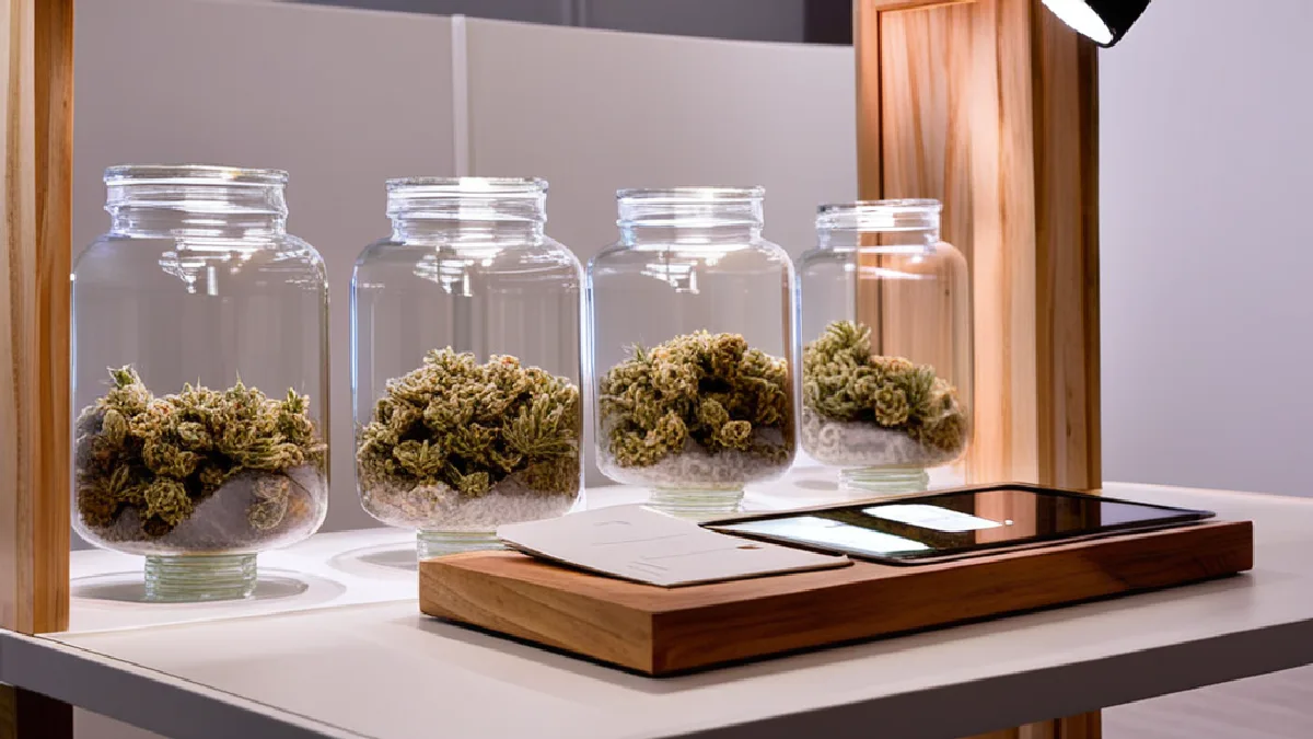 Glass jars of cured cannabis flower and inventory tablets on display at an indoor trade floor, representing retailer product density in Hudson.