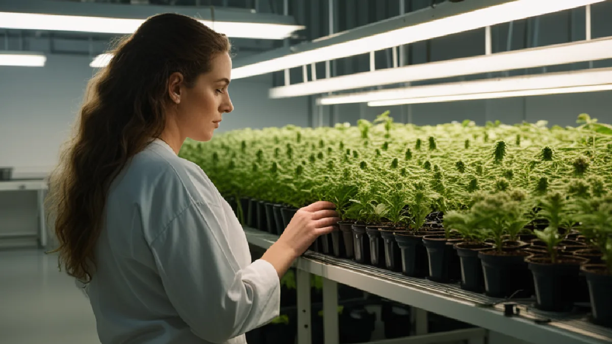 A cultivation room and carefully inspected flower illustrate why high-CBG cannabis may require specialized genetics.