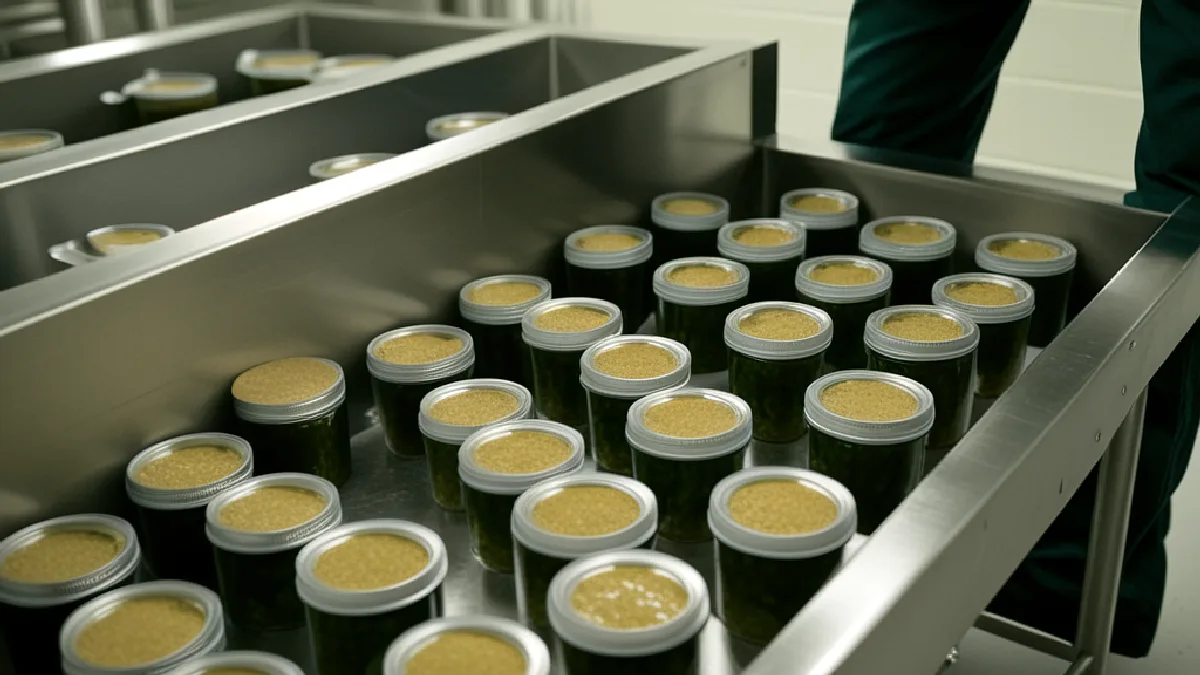 Gloved workers handle sealed cannabis containers inside a processing facility, suggesting future licensing and transport rules.