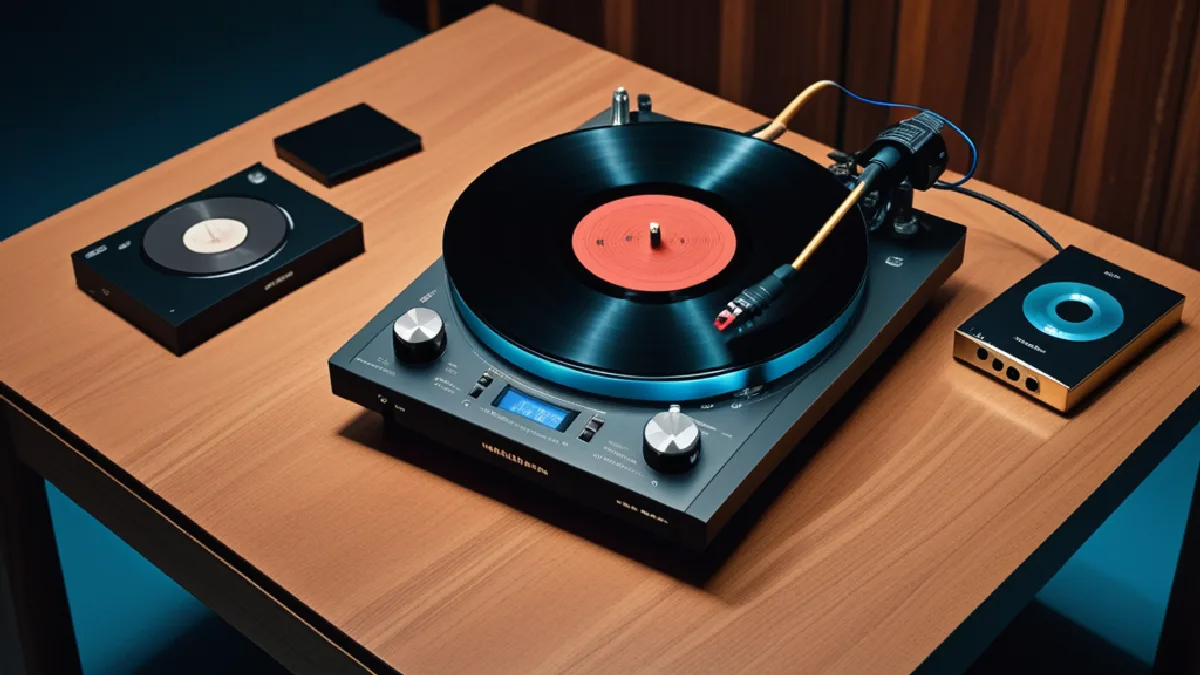 A turntable, synthesizer, guitar, and drum machine represent psychedelic influence moving across musical genres.