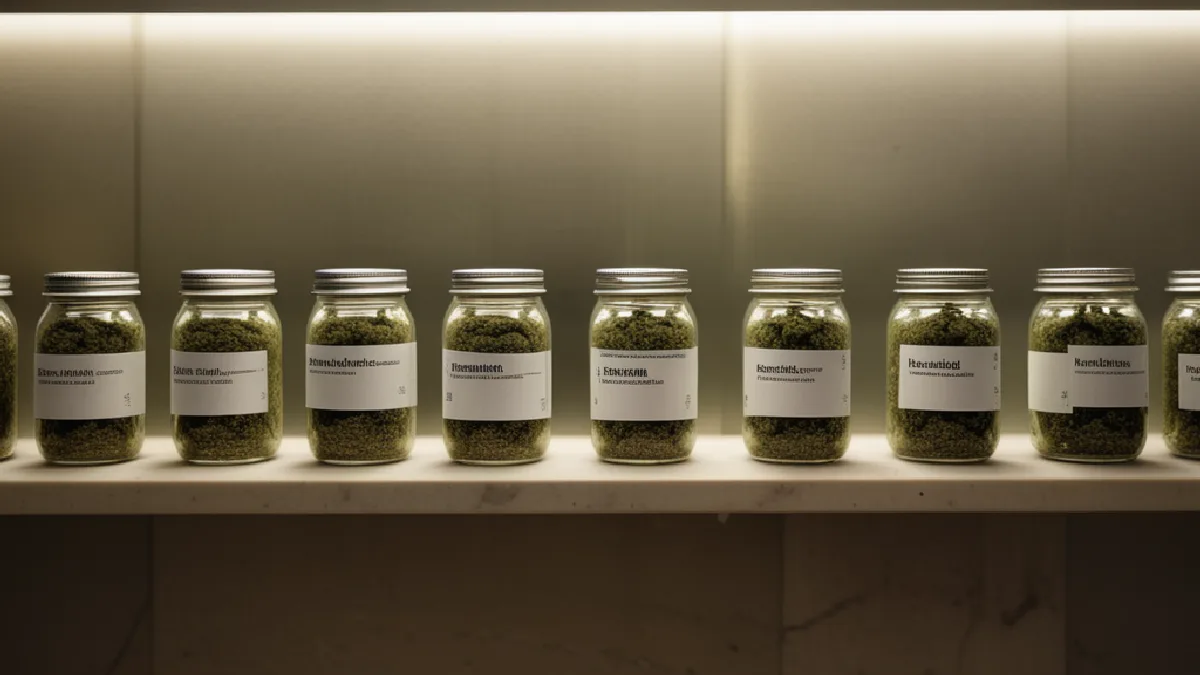 Empty courthouse architecture and distant silhouettes convey uncertainty surrounding cannabis equity policy.