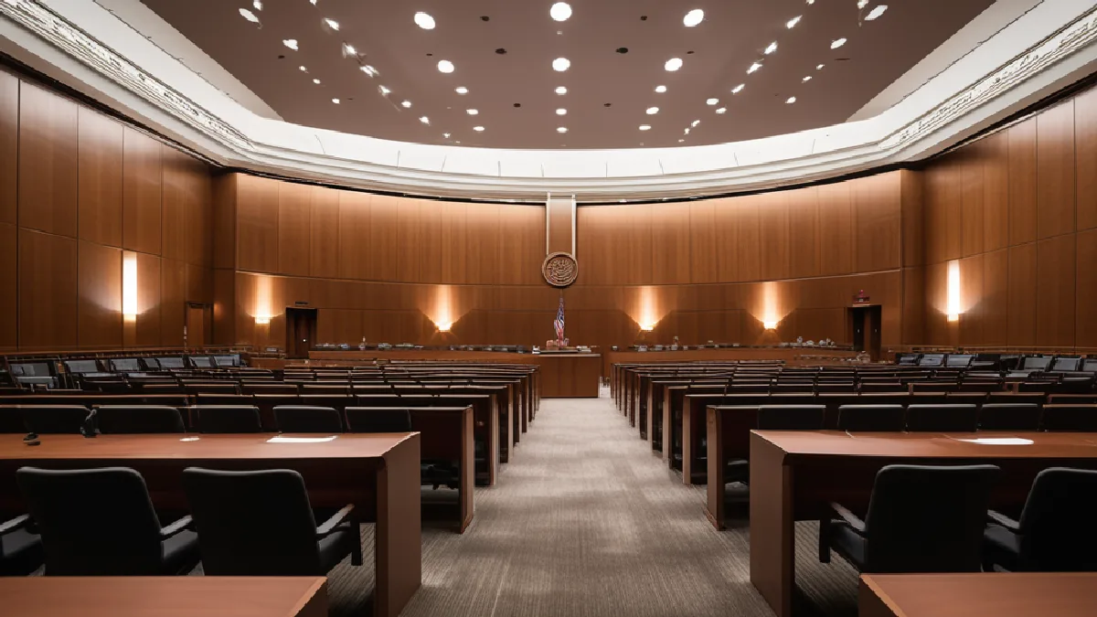 An empty federal hearing room represents the unresolved hearings and rulemaking still ahead for federal cannabis policy.