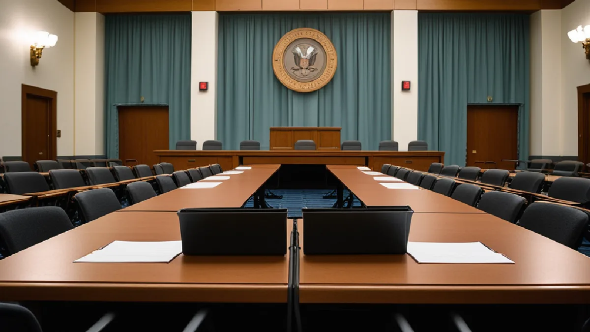 An empty hearing room represents the debate between cannabis businesses and public safety advocates over packaging rules.