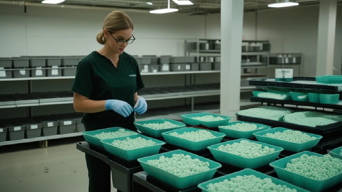 Gloved hands count seasonal cannabis inventory in a fulfillment room, highlighting stock accuracy and operational risk.