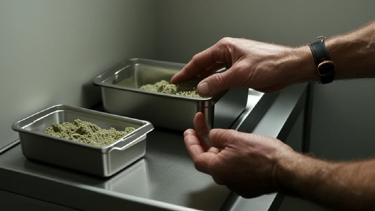 A worker secures unlabeled cannabis containers in a controlled storage area, emphasizing jurisdiction-specific handling procedures.